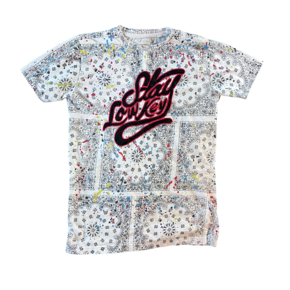 FWRD Denim Boys XL 18-20 Stay LowKey Bandana Paisley Paint Splatter Shirt‎ White